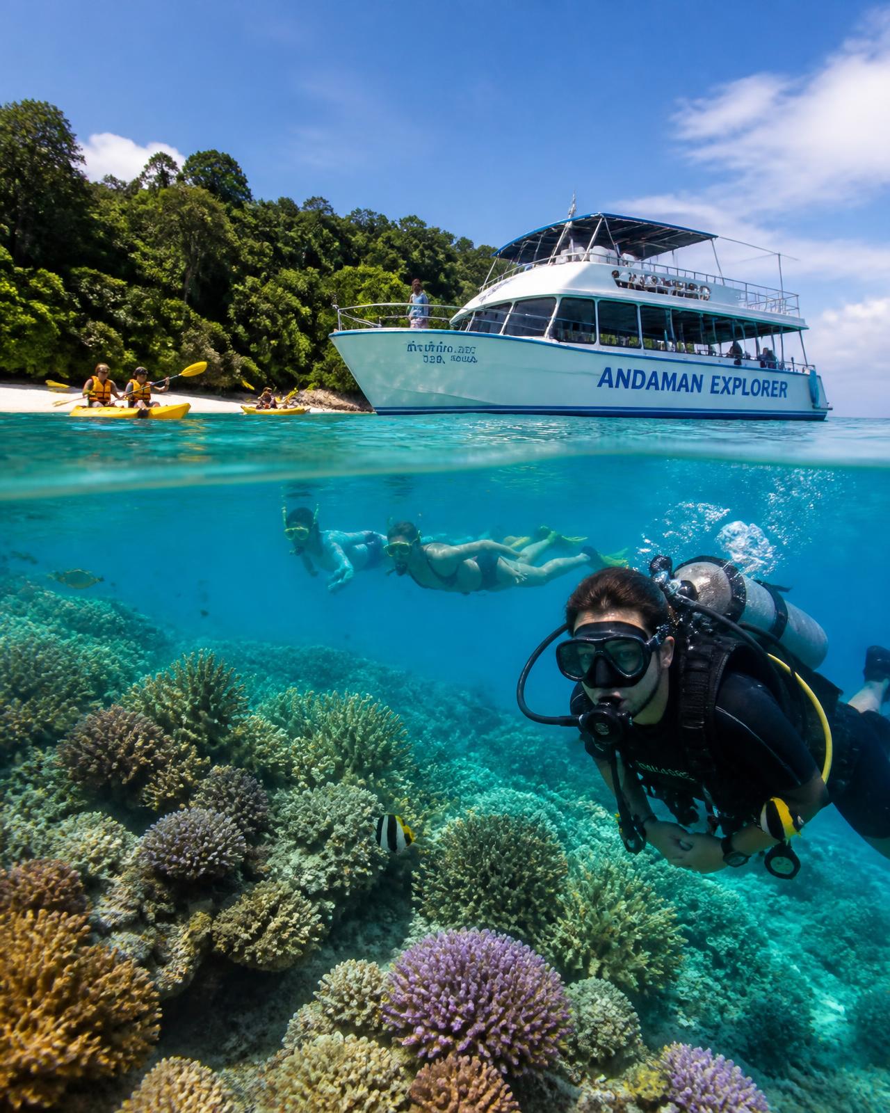 Scuba diver and snorkellers exploring a vibrant Andaman coral reef with kayakers and a glass-bottom boat above