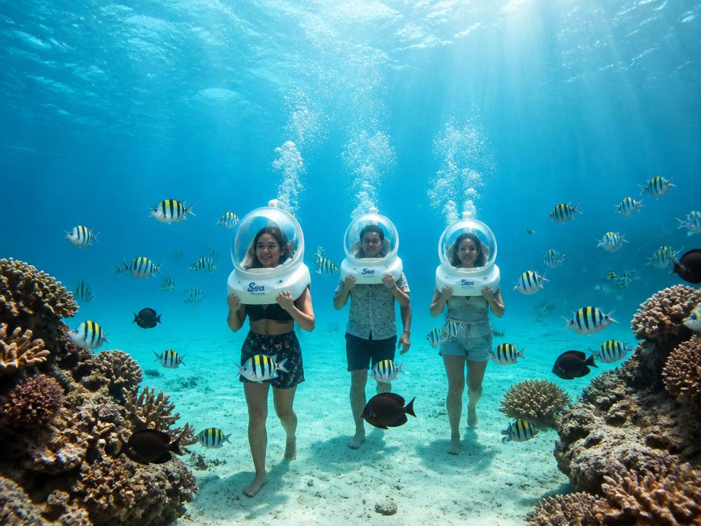 Travellers enjoying sea walking underwater with colourful fish in the Andaman Islands