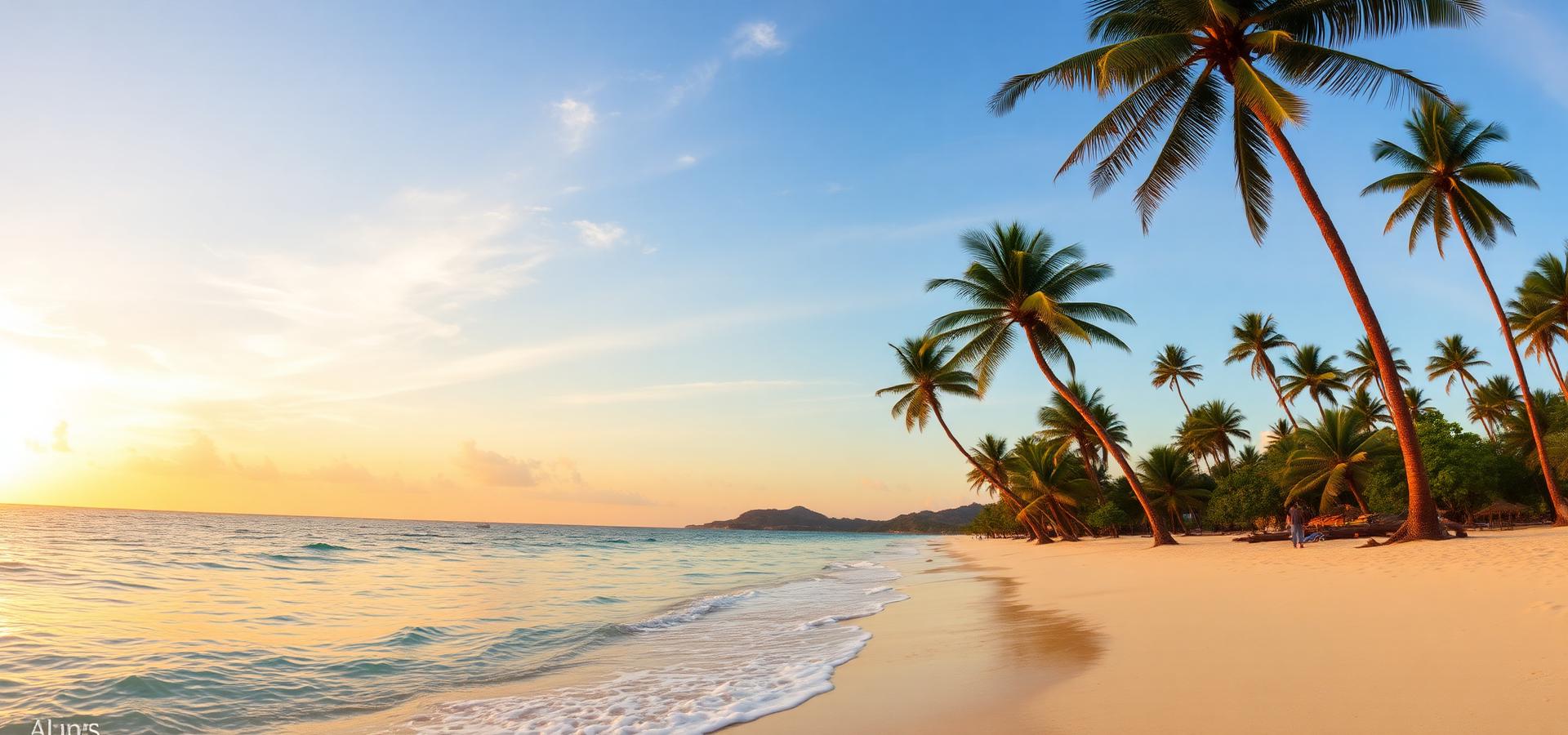Tropical Andaman beach at sunset with palm trees