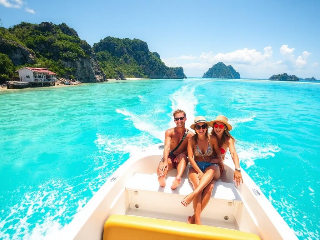 Friends island hopping on a speedboat in turquoise water