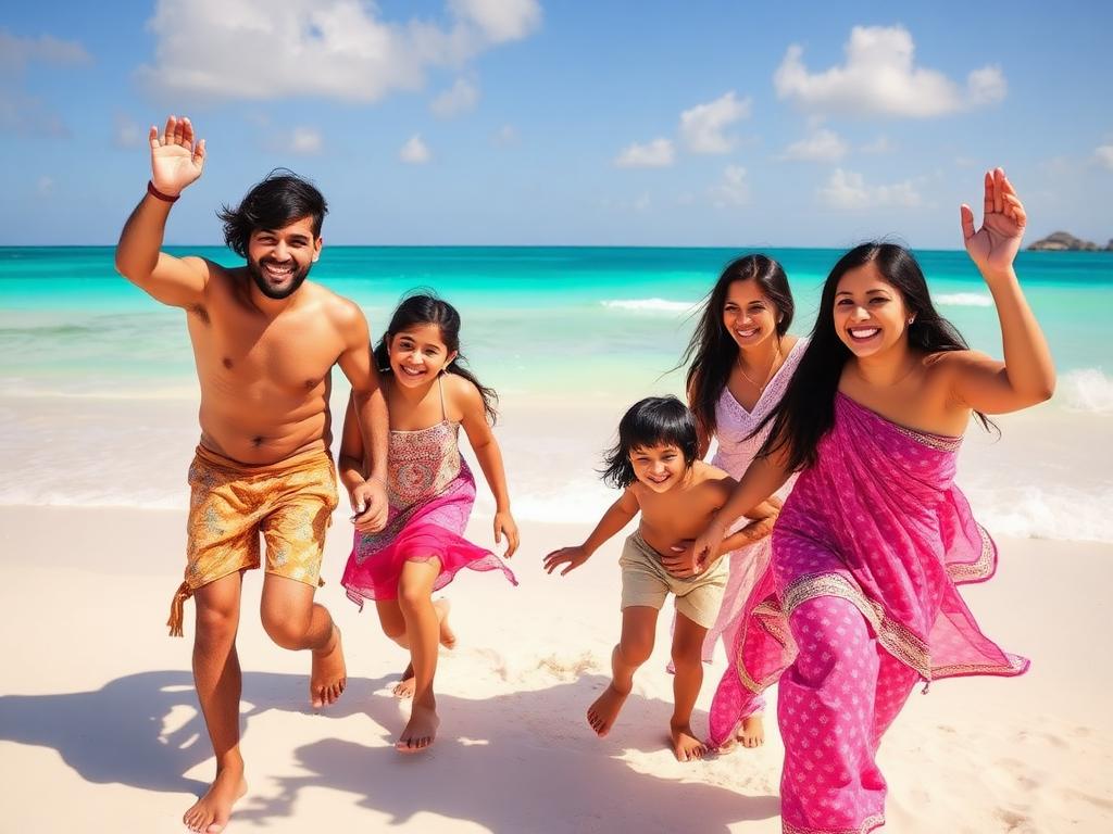 Happy family playing on a tropical beach