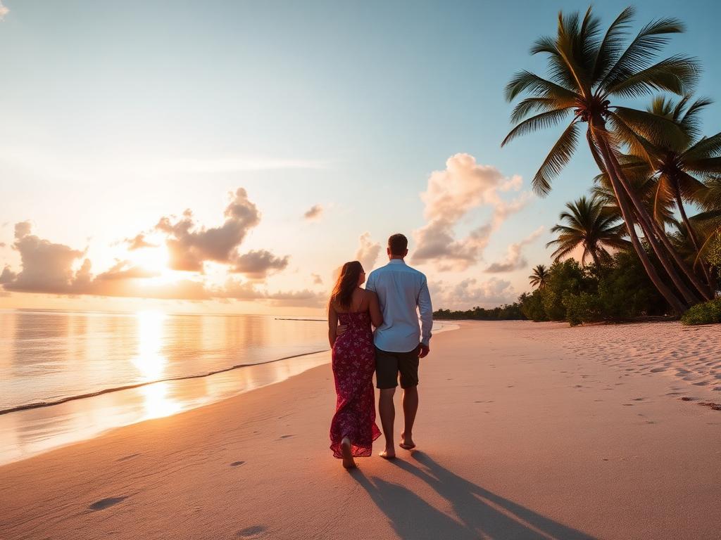 Couple walking on an Andaman beach at sunset