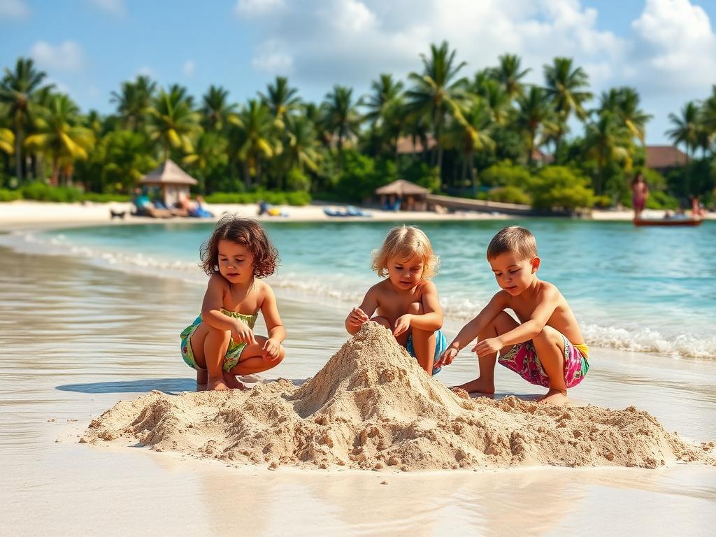 Children building sandcastles on a calm shallow beach